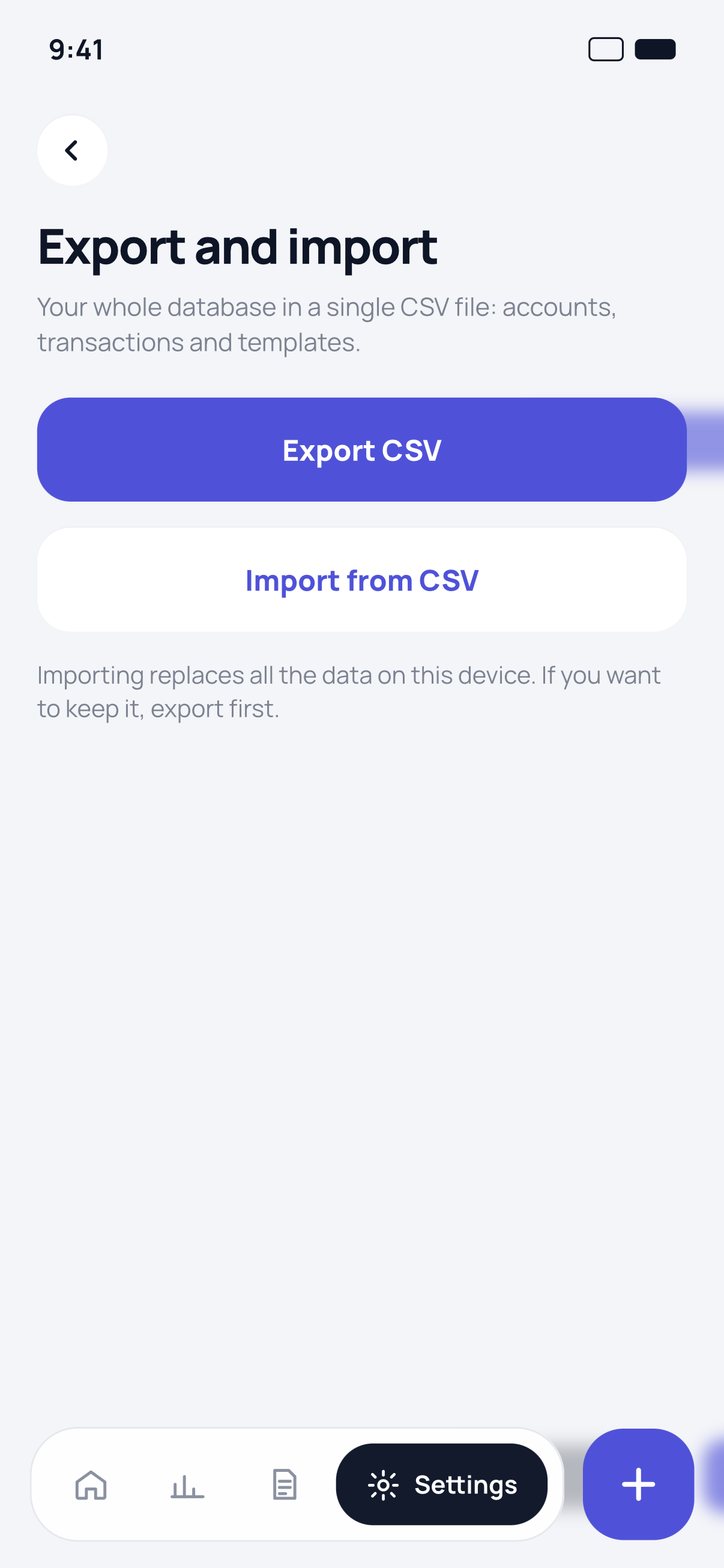 Data — iCloud backup and CSV export of accounts, transactions and templates.