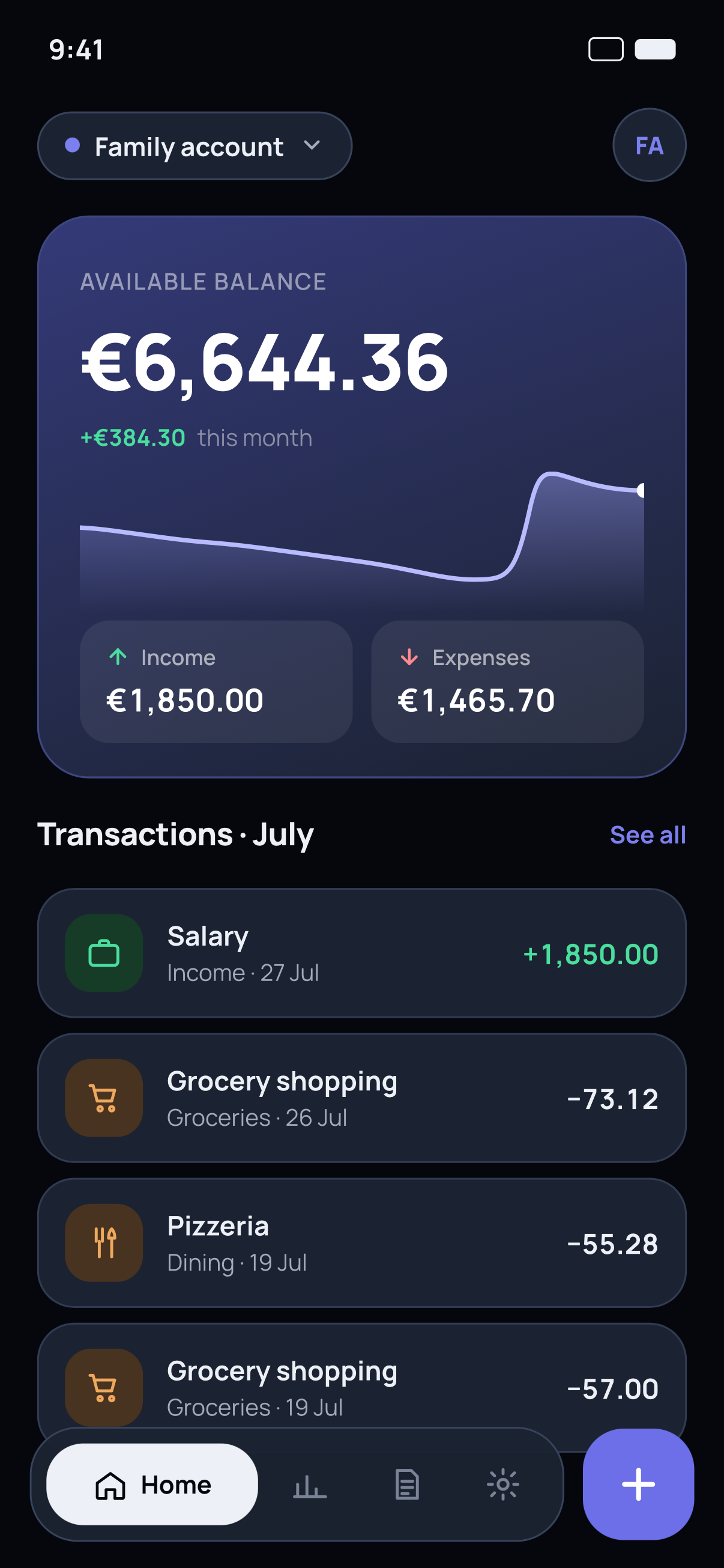 Dark theme — The same layout on a dark surface, following your system.