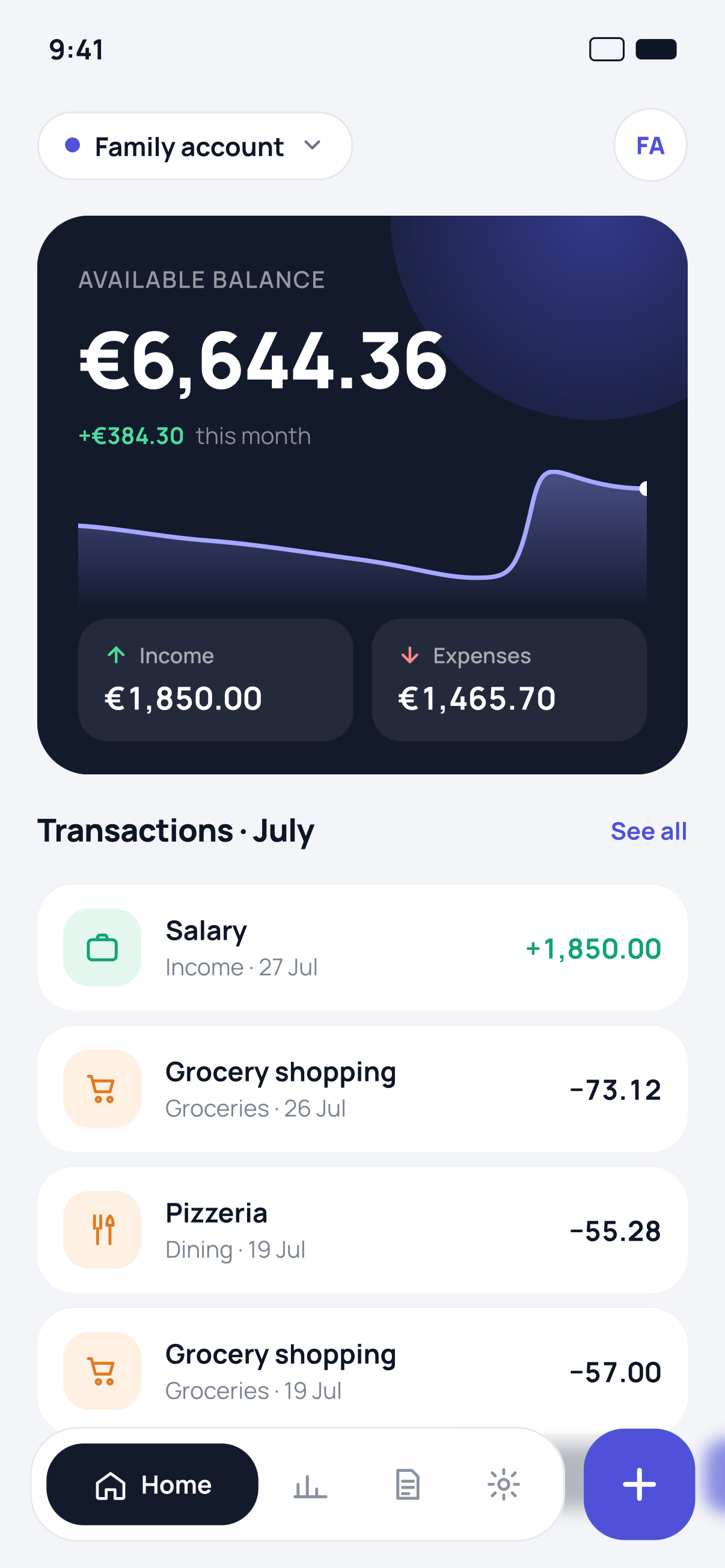 Home — Balance, monthly trend and income versus expenses up front.